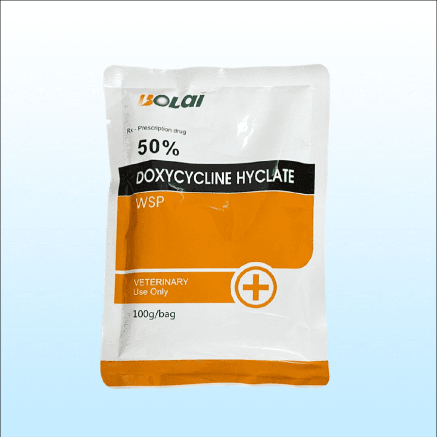 50% DOXYCYCLINE HYCLATE WSP: Điều trị nhiễm trùng đường tiêu hóa và hô hấp do vi khuẩn nhạy cảm với doxycycline, như Bordetella, Campylobacter, Chlamydia, E. coli, Haemophilus, Mycoplasma, Pasteurella, Rickettsia, Salmonella, Staphylococcus và Strepto- coccus spp. gây ra ở bê, nghé, dê, gia cầm, cừu và heo..