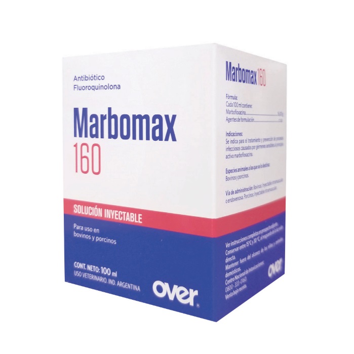 MARBOMAX 160® Kháng sinh dòng fluoroquinolone - Điều trị viêm vú, nhiễm trùng đường hô hấp (viêm phế quản, viêm phổi), nhiễm trùng đường tiêu hoá (viêm dạ dày, ruột,...) ở trâu bò và Điều trị nhiễm trùng đường hô hấp, tiêu hoá, viêm vú, viêm tử cung, tắc sữa ở lợn.